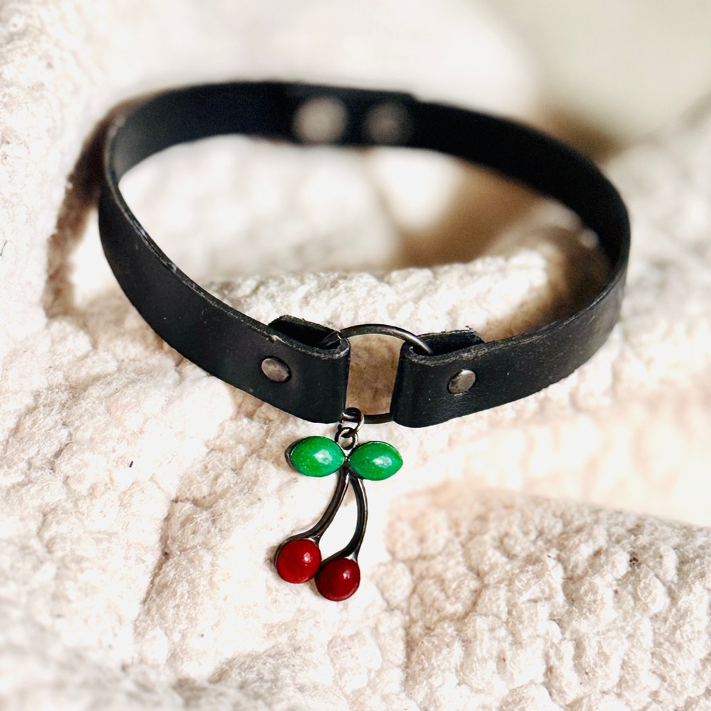 Black Faux Leather Choker Necklace Cherry Pendant Vintage Retro Punk 90s 00s